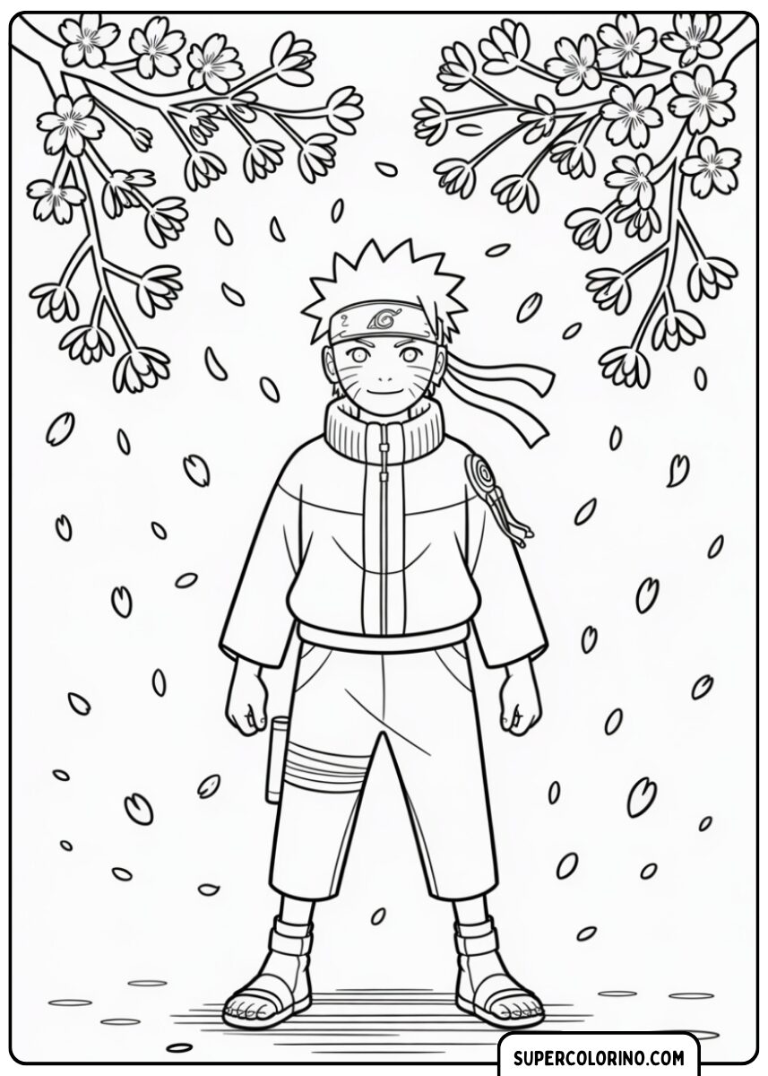 Ausmalbild von Naruto, der unter den Kirschblüten in voller Blüte lächelt.