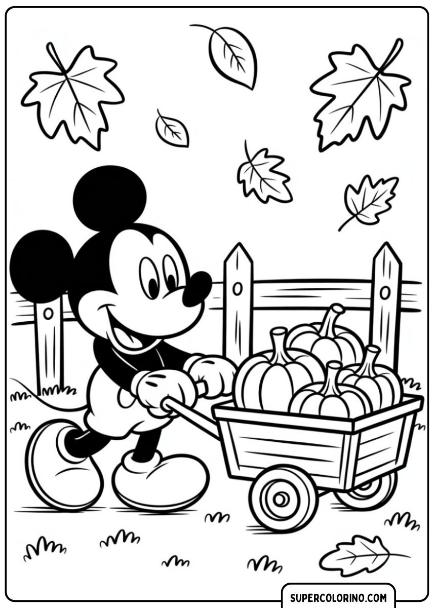 Image à colorier : Mickey Mouse pousse une brouette pleine de citrouilles en automne.