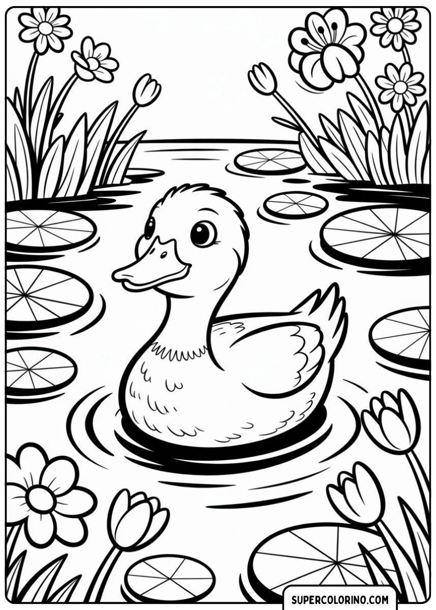 Image à colorier d'un canard mignon nageant dans un étang avec des feuilles de nénuphar et des fleurs épanouies.