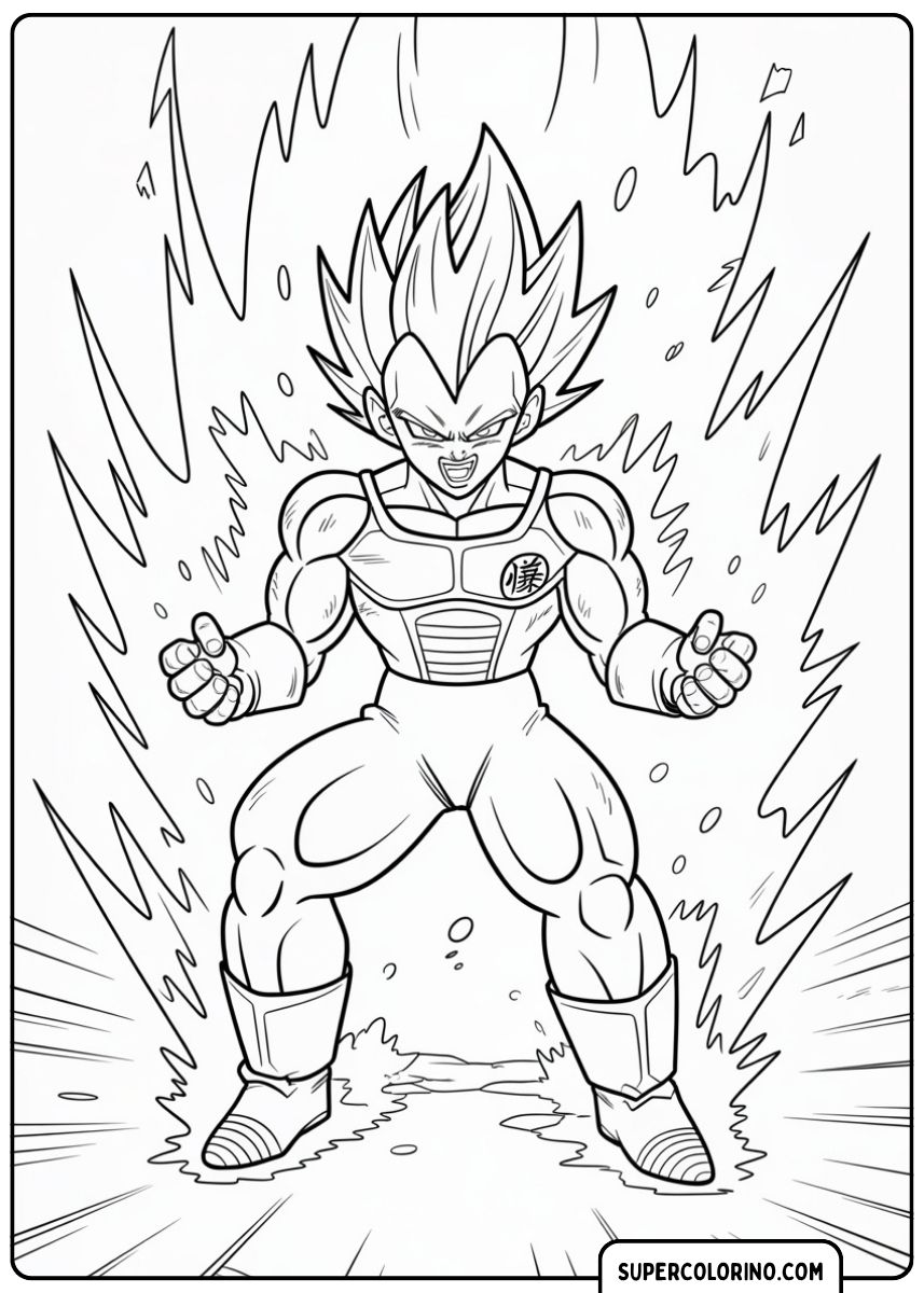 Kleurplaat van Vegeta in Super Saiyan-modus die zijn energie ontketent.