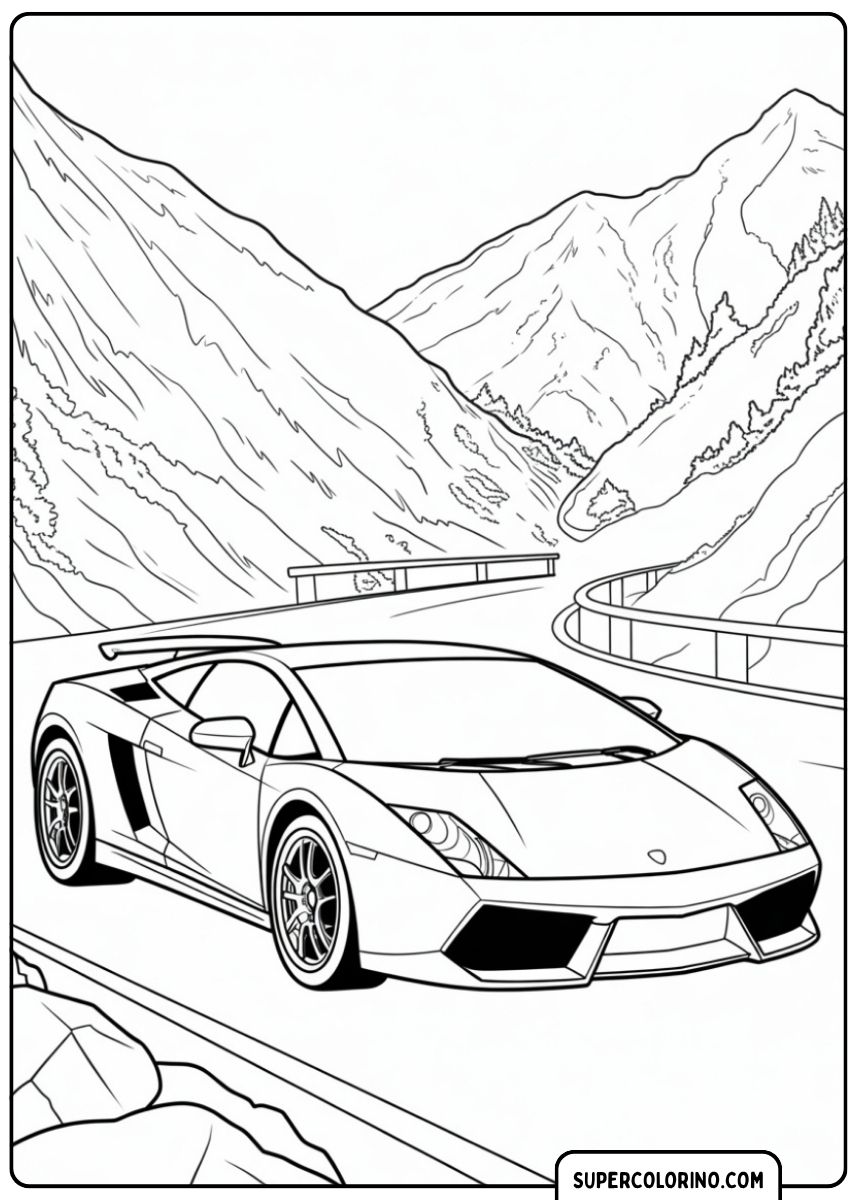 Immagine da colorare di una Lamborghini Gallardo su una strada di montagna con guardrail.