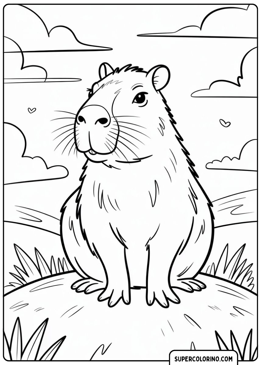 Malvorlage: Capybara sitzt auf einem kleinen Hügel in einer Landschaft mit Grasbüscheln und Wolken am Himmel.