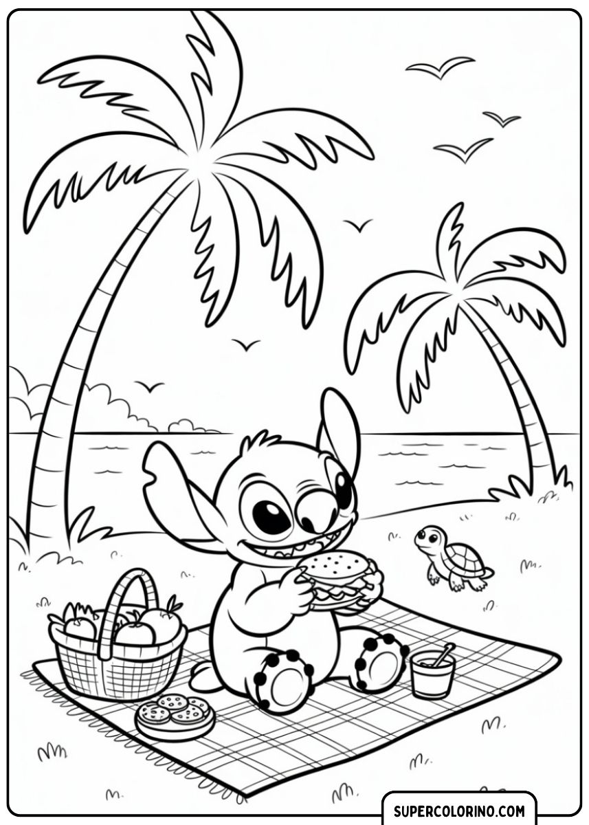 Stitch picknickt op het strand en eet een hamburger, met een kleine zeeschildpad in de buurt.