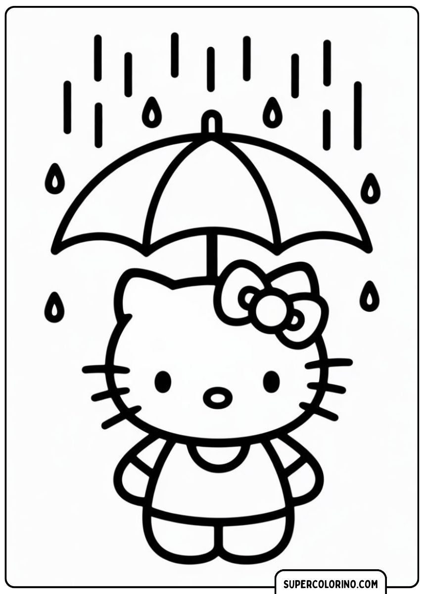 Kleurplaat van Hello Kitty onder een open paraplu terwijl regendruppels vallen.