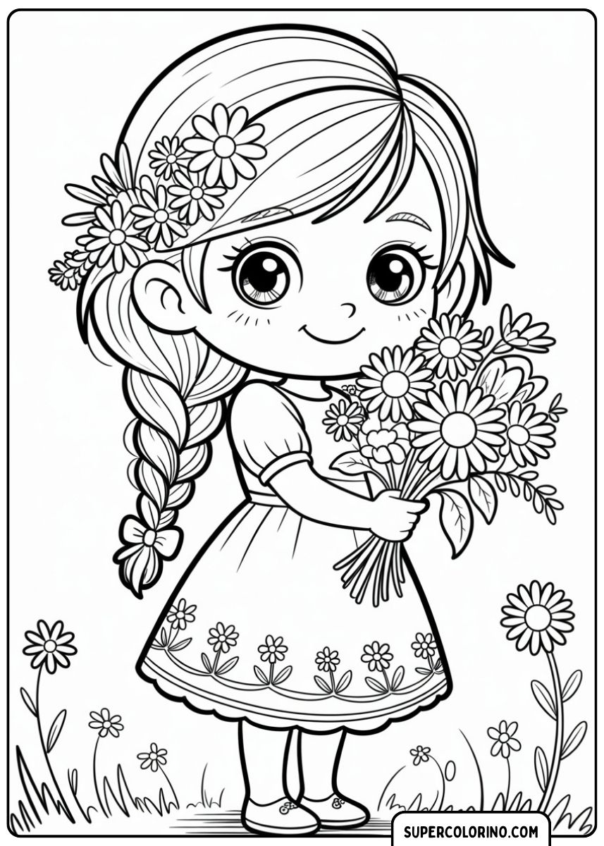Ein süßes Chibi-Mädchen mit geflochtenem Haar und Blumen im Haar hält einen großen Strauß Gänseblümchen in der Hand.