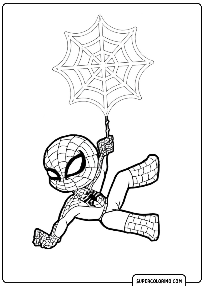 Malvorlage von Spidey, der an einem großen Spinnennetz in Form eines Fallschirms hängt.