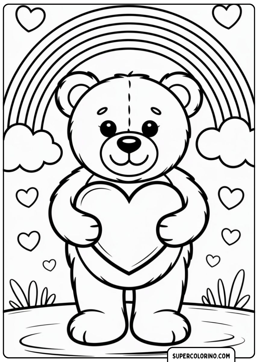 Coloriage d'un ours en peluche tenant un grand coeur, entouré de coeurs et d'un arc-en-ciel.