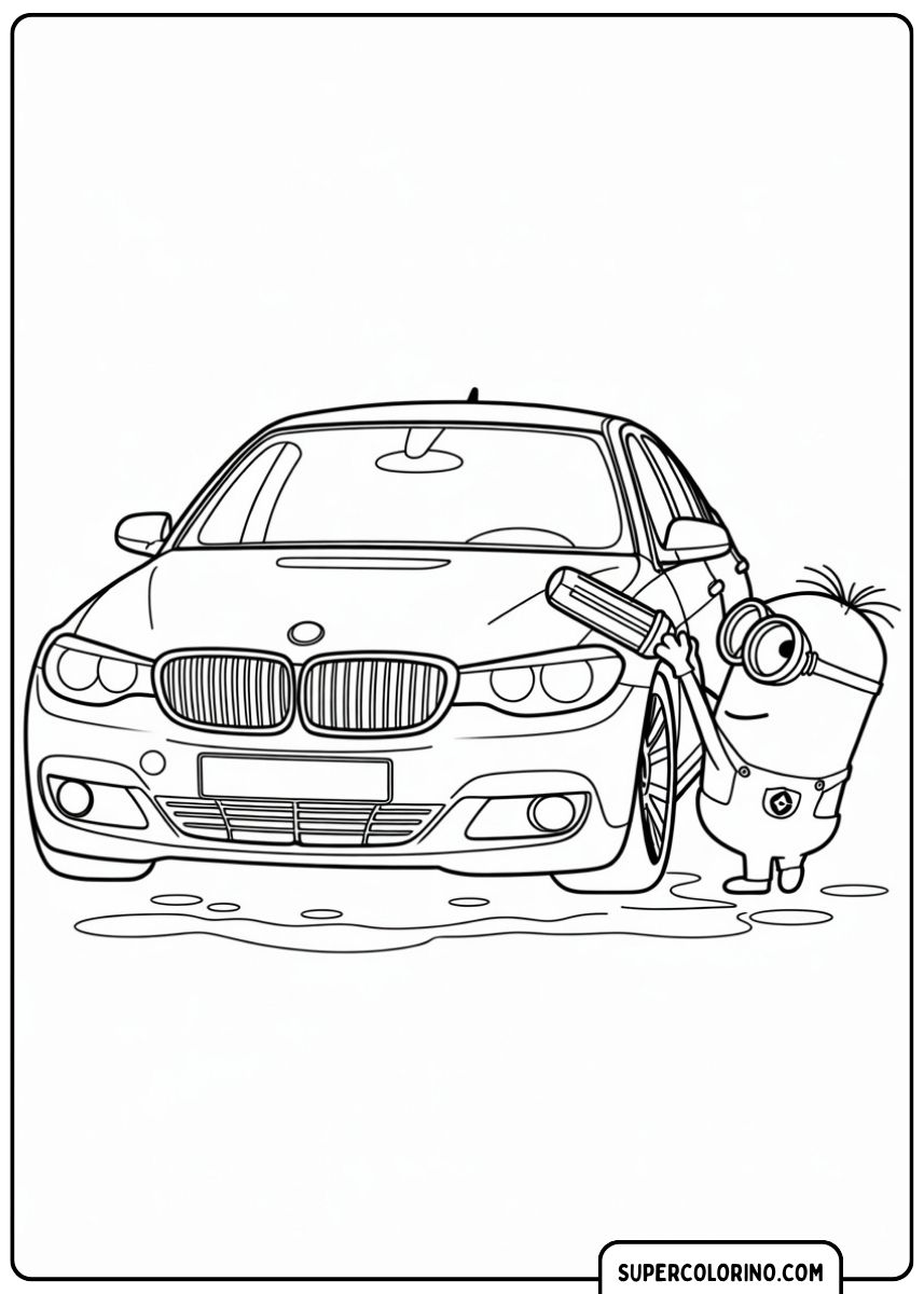 Malvorlage BMW und Minion: Ein Minion poliert die Front eines modernen BMW.