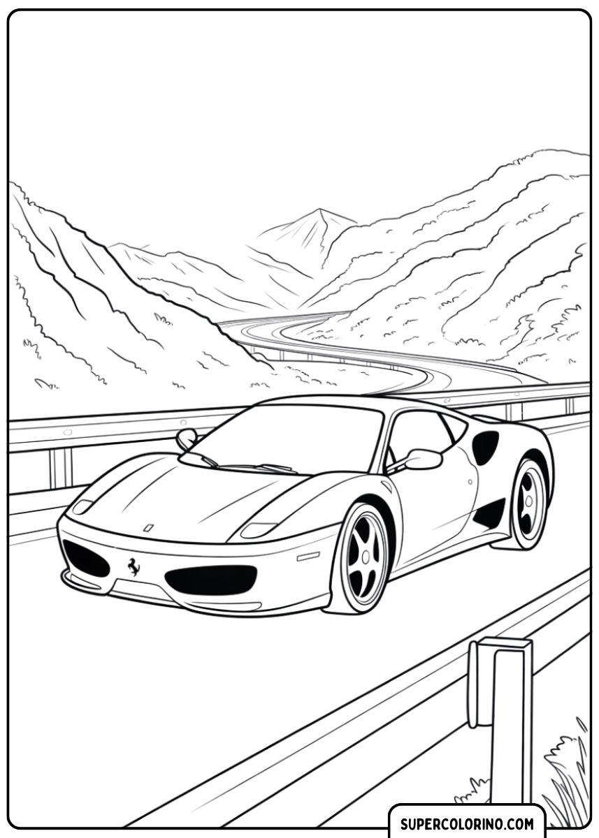 Kleurplaat van een Ferrari 360 Modena op een kronkelige bergweg met majestueuze toppen.