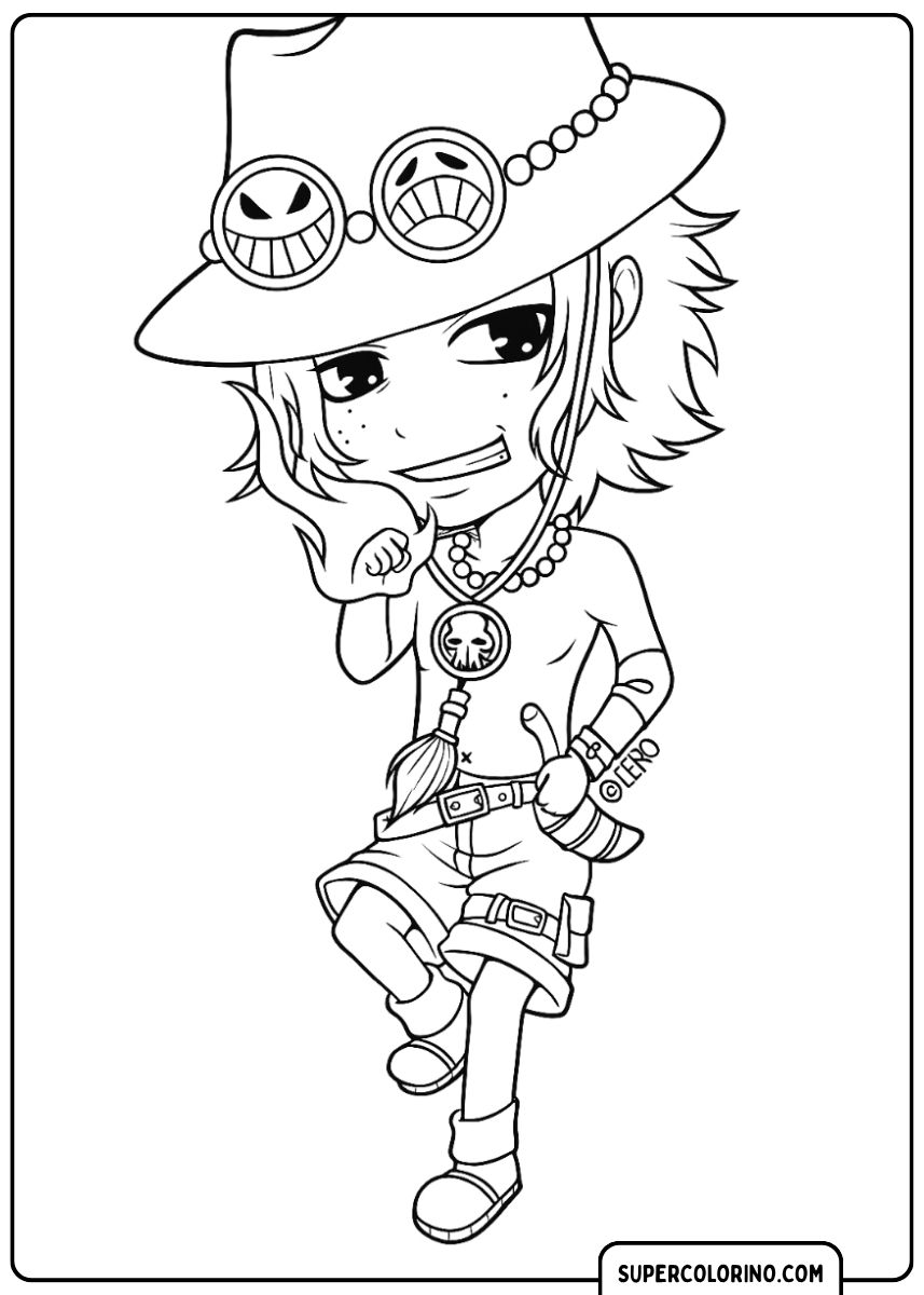 Image à colorier : Portgas D. Ace dans un joli style Chibi, tenant une flamme.