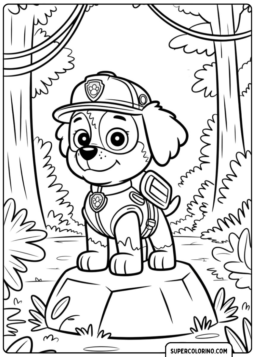 Coloriage PAW Patrol : Rocky le chiot recycleur sur un rocher.