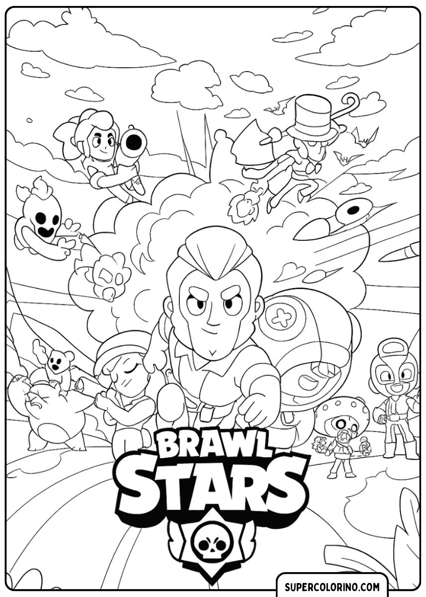 Image coloriée d'une scène de bataille de Brawl Stars avec Colt, Mortis, Poco, Spike et d'autres Brawlers.
