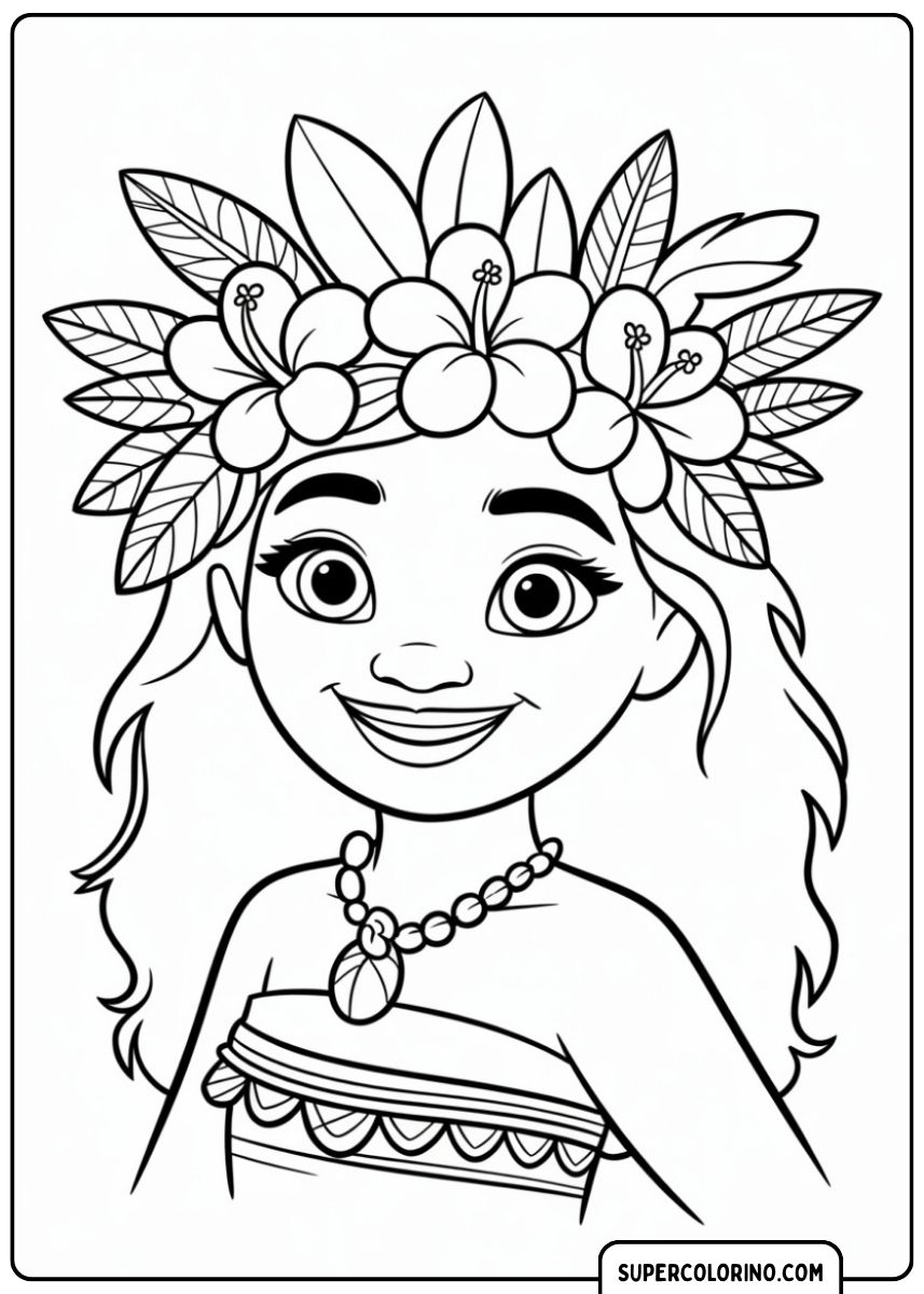 Image à colorier : Gros plan de Vaiana avec une magnifique couronne de fleurs.