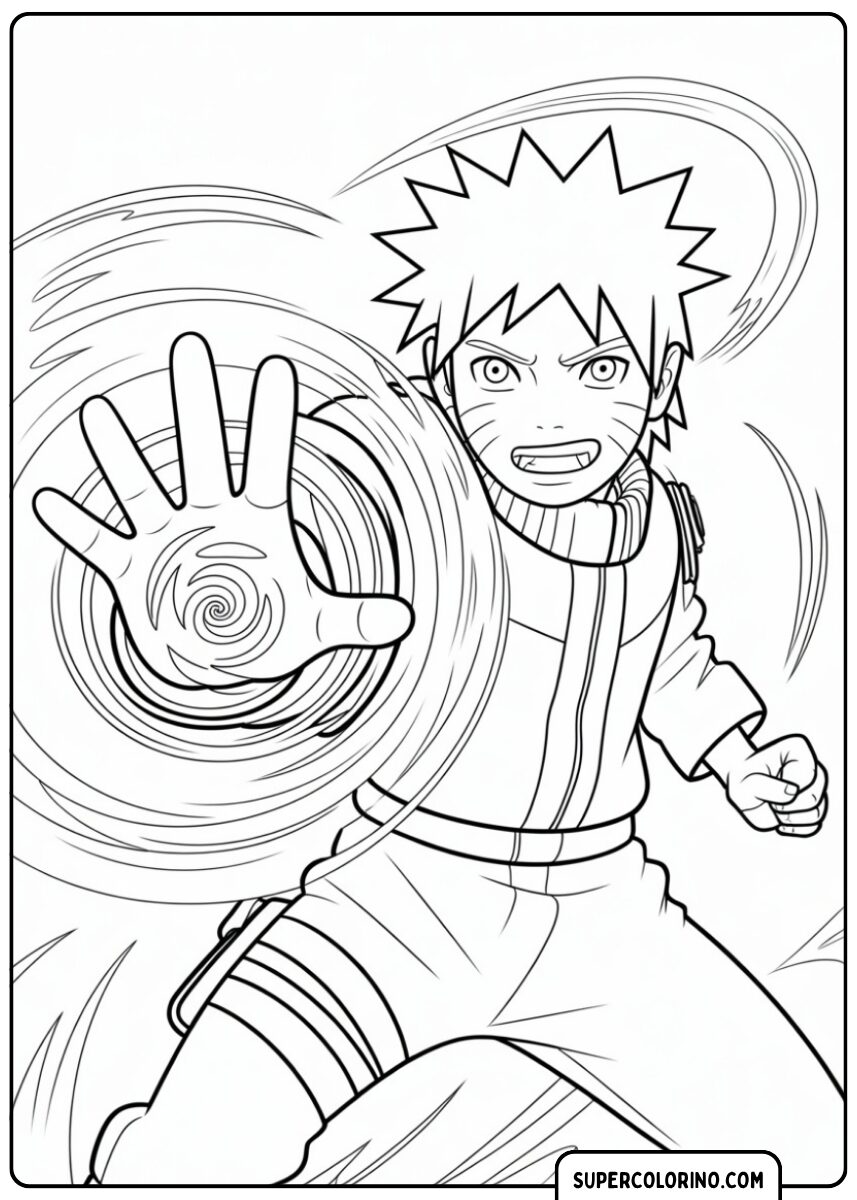 Ausmalbild von Naruto in Nahaufnahme, der das Rasengan in der Hand hält.