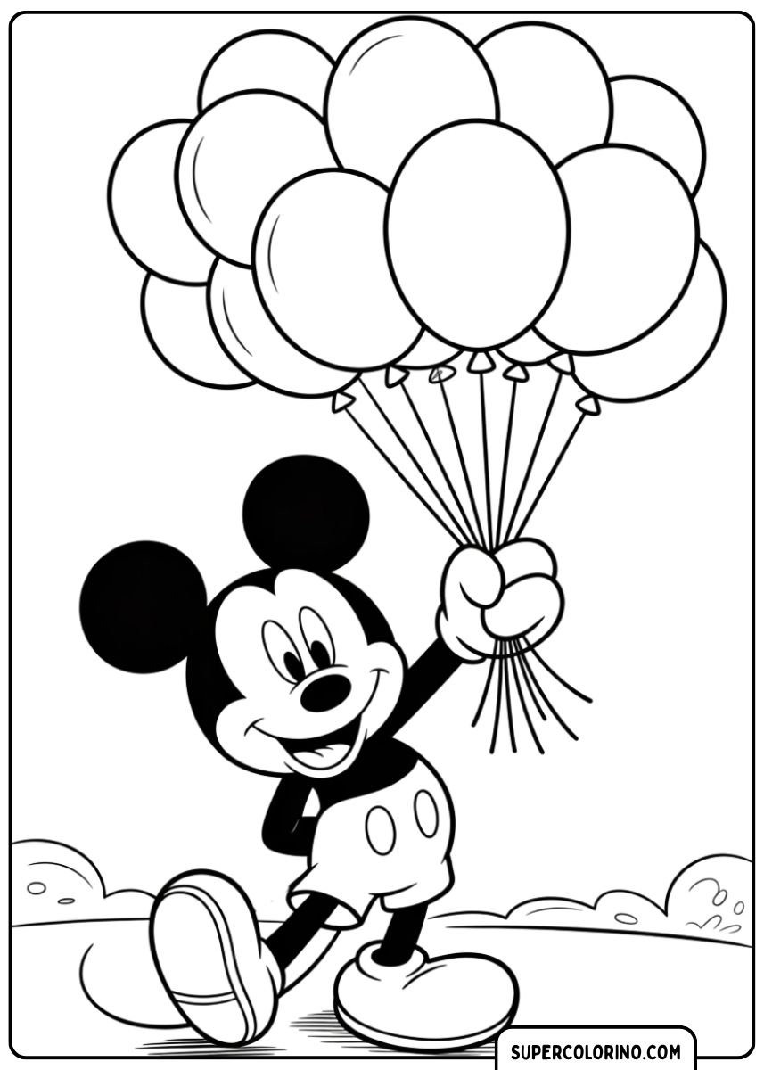 Coloriage : Mickey Mouse avec un gros bouquet de ballons.