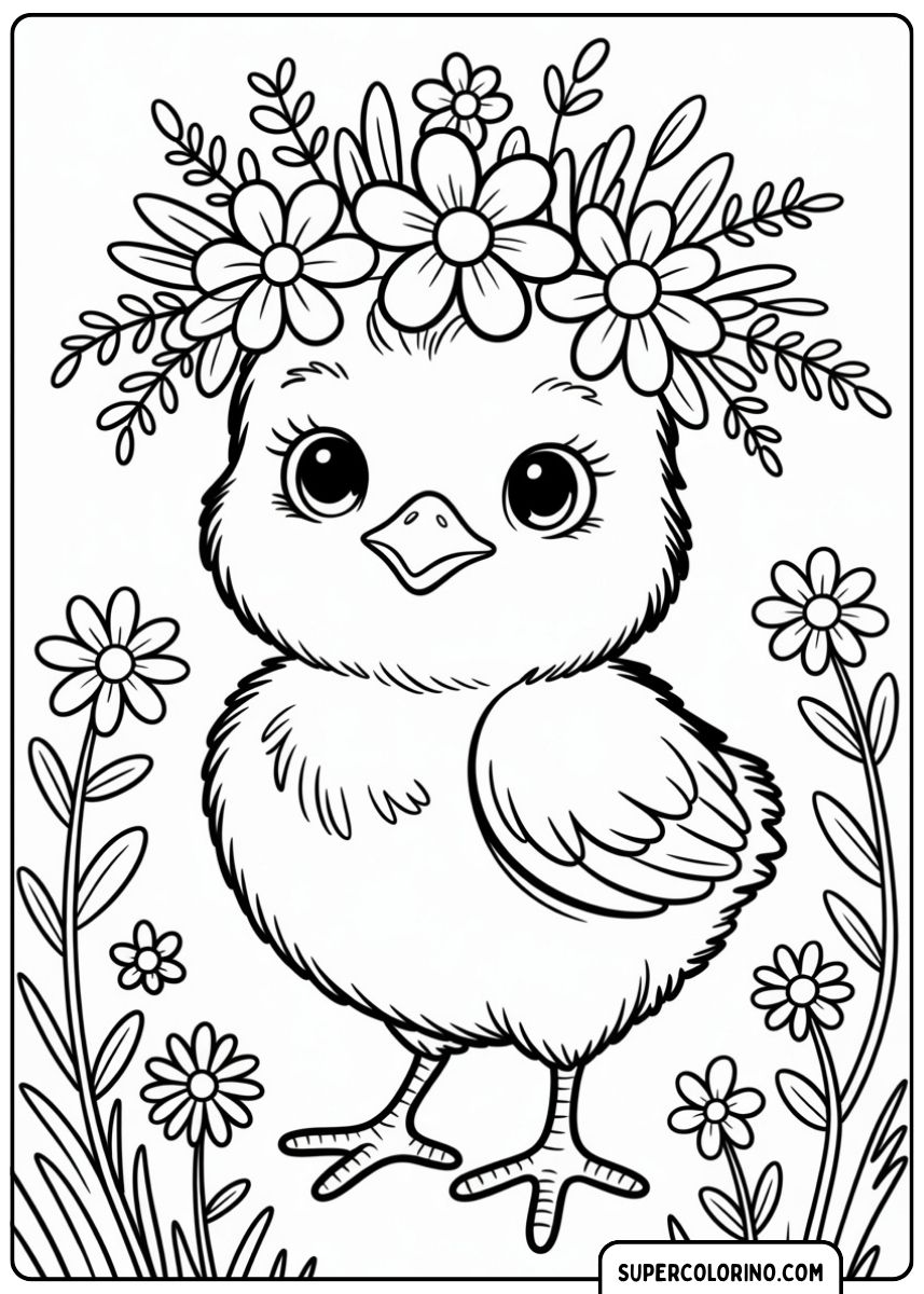 Image à colorier d’un poussin mignon avec une couronne de fleurs dans une prairie printanière.