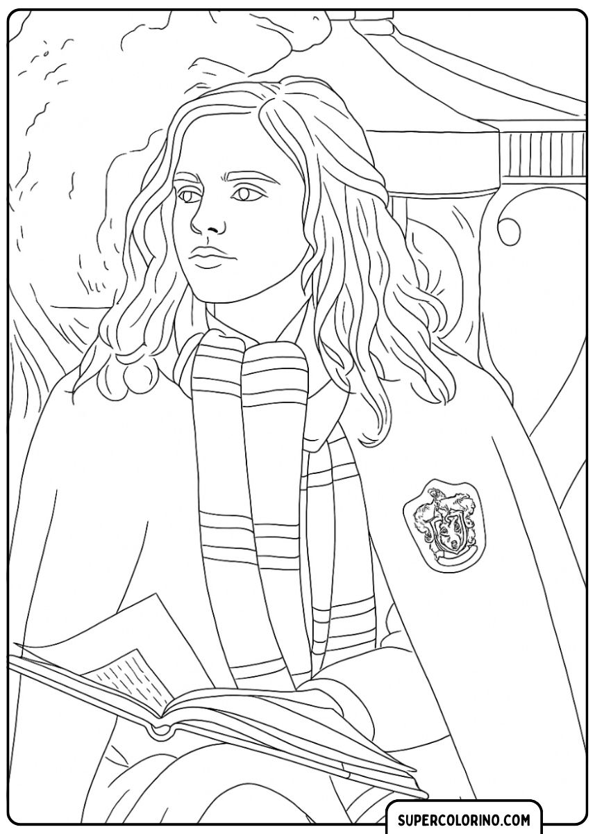 Portrait d'Hermione Granger avec livre et foulard.