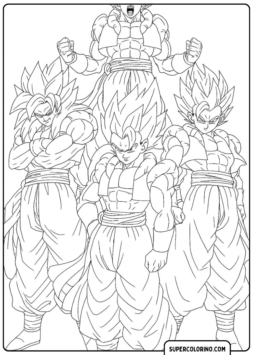 Kleurplaat met verschillende Super Saiyan-variaties van de Gogeta-fusie.