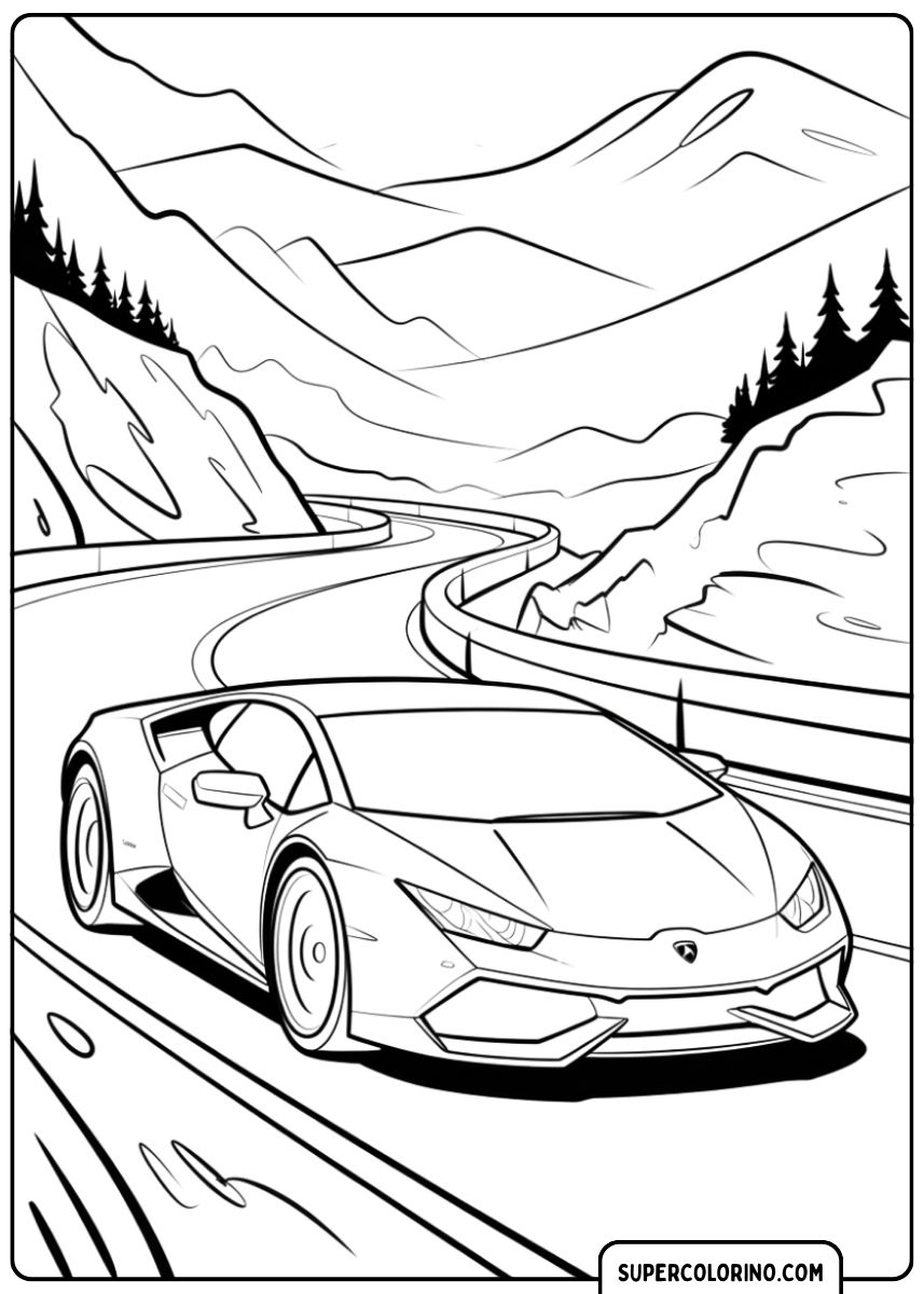 Immagine da colorare di una Lamborghini Huracán su una strada di montagna serpeggiante.