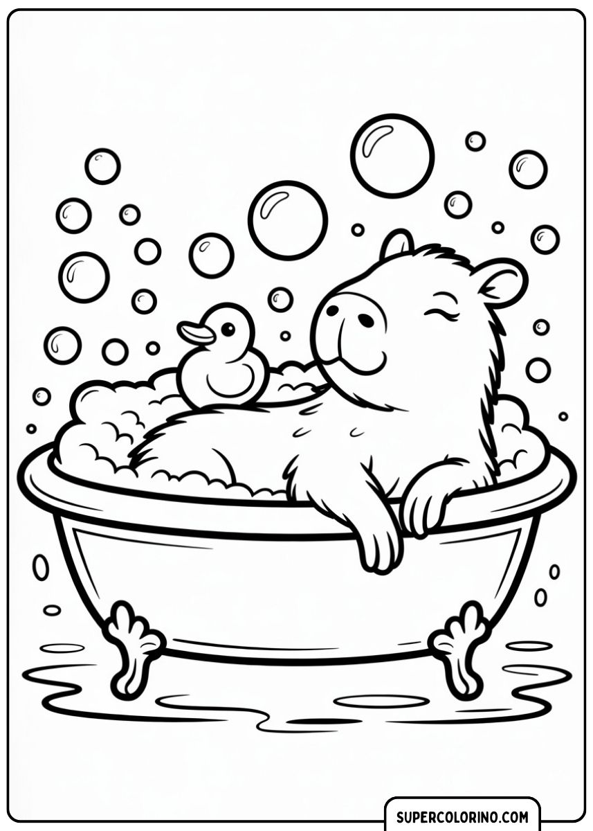 Malvorlage: Capybara genießt ein Schaumbad in einer Badewanne mit Gummientchen und Seifenblasen.