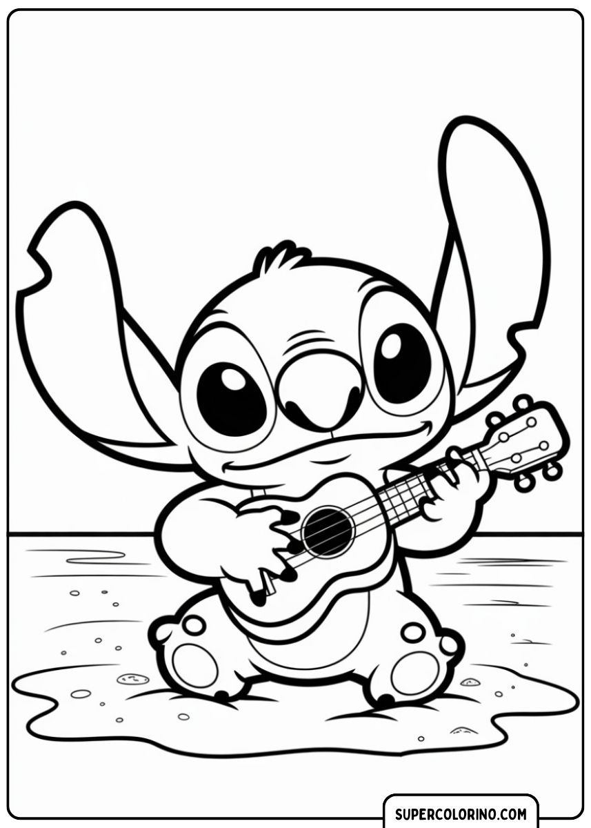Stitch zit op het zand en speelt ukelele.