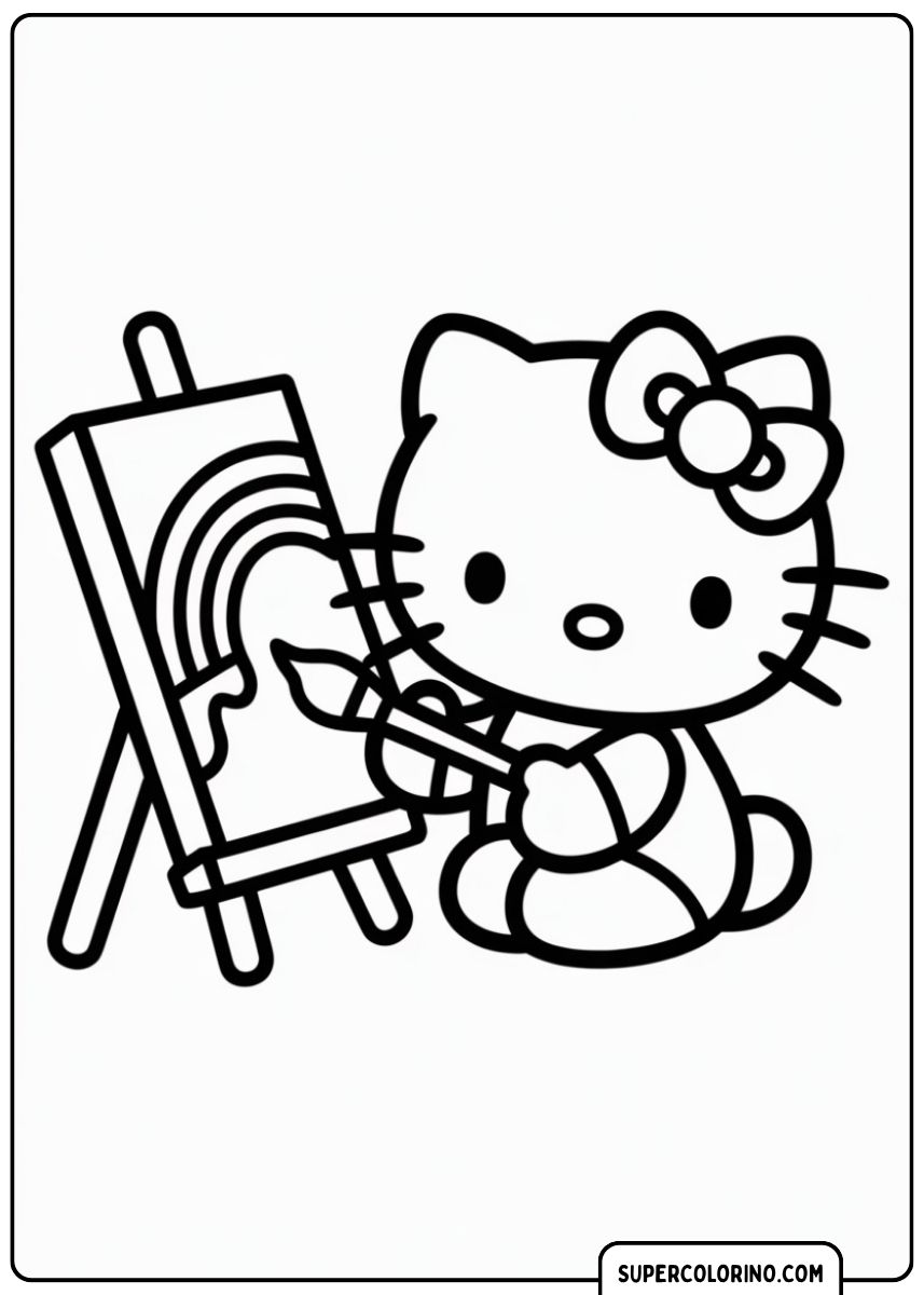 Kleurplaat van Hello Kitty die met een penseel een afbeelding op een ezel schildert.