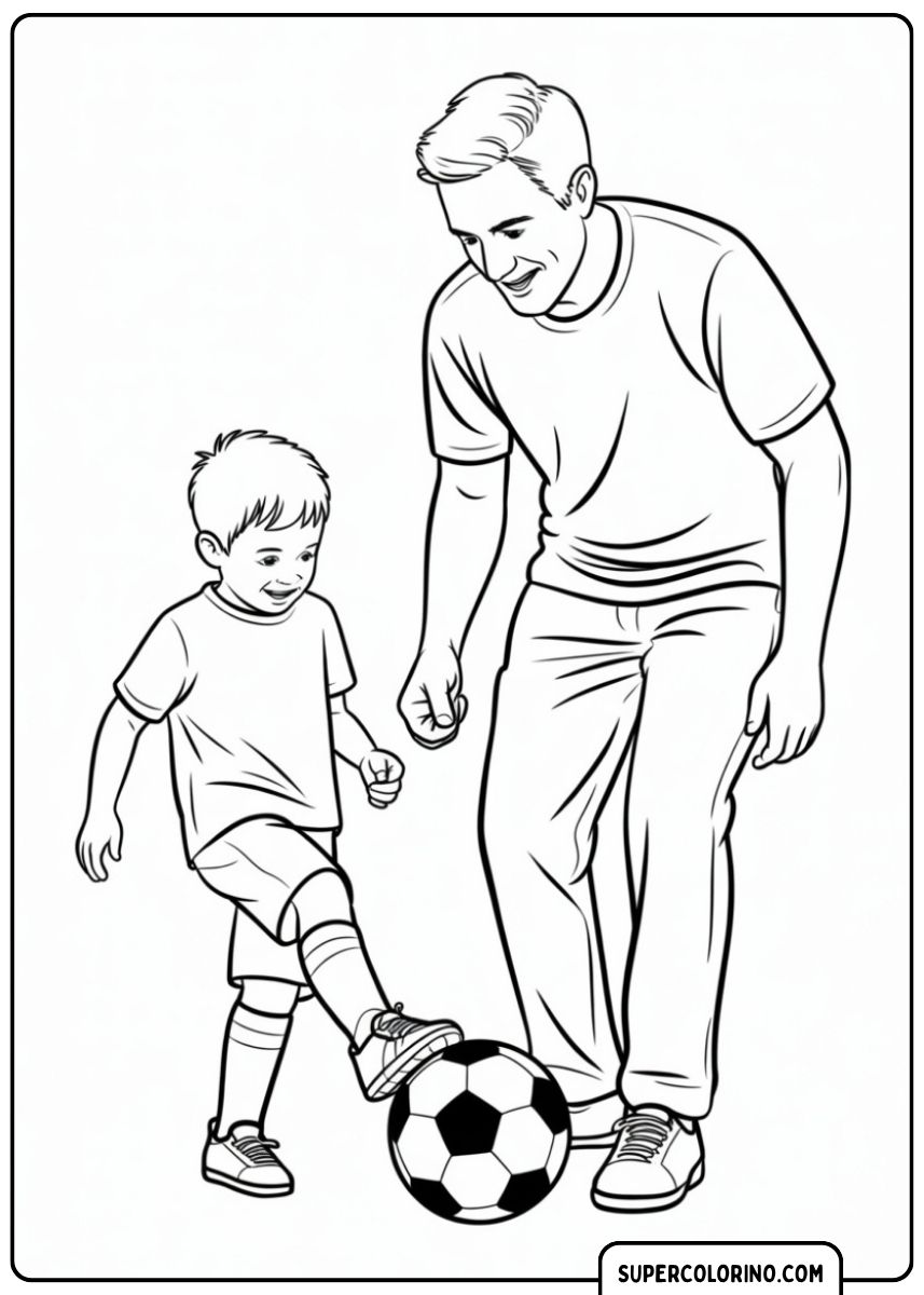 Kleurplaat van vader en zoon die samen voetballen.