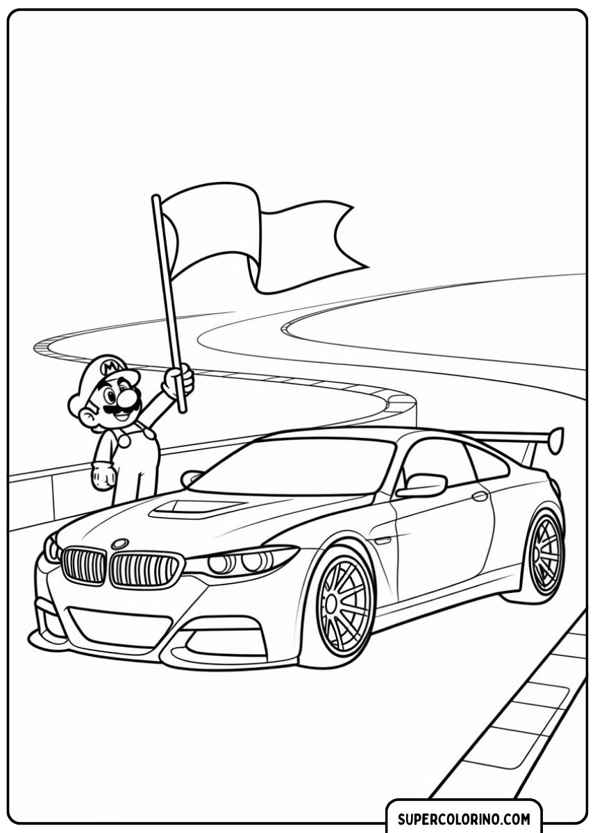 Malvorlage BMW M und Mario: Mario mit Zielflagge vor einem modernen BMW M Rennwagen.