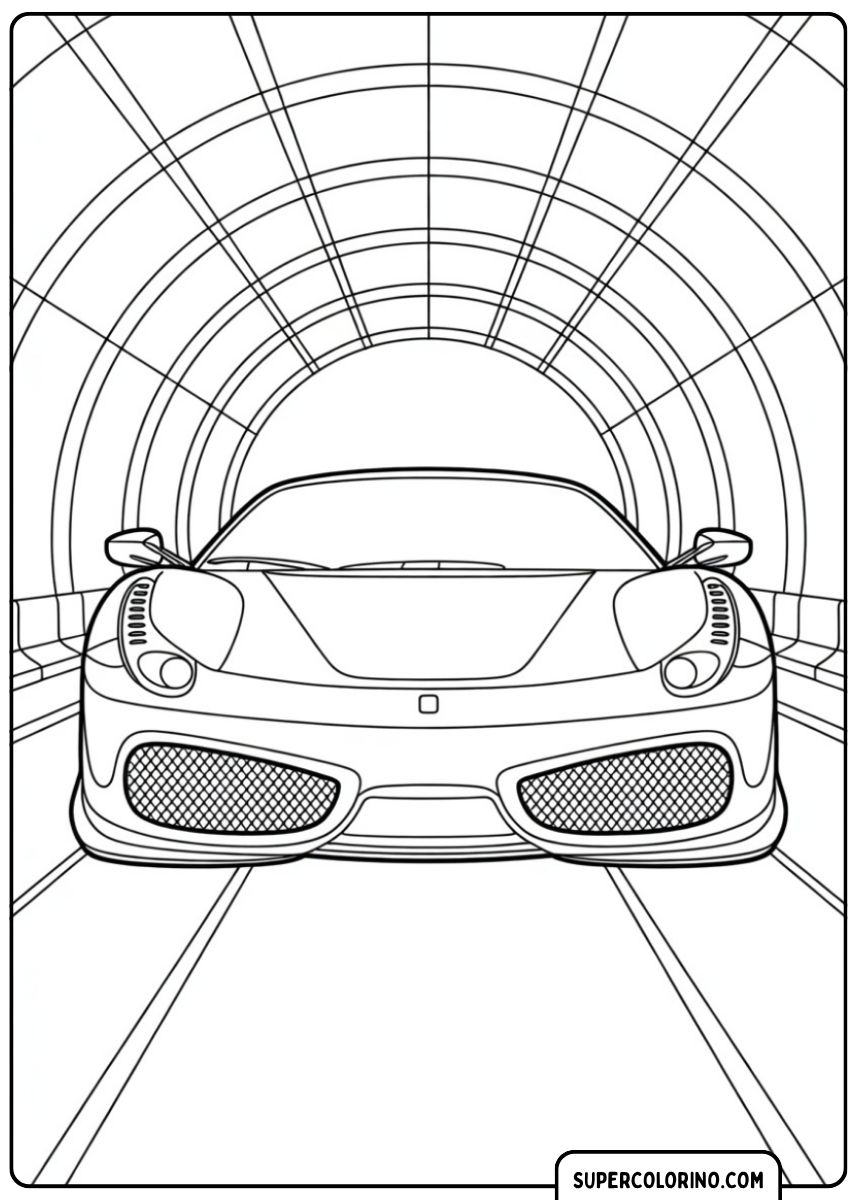 Kleurplaat van een frontale close-up van een Ferrari (vergelijkbaar met 458 of 488) in een lange gewelfde tunnel.