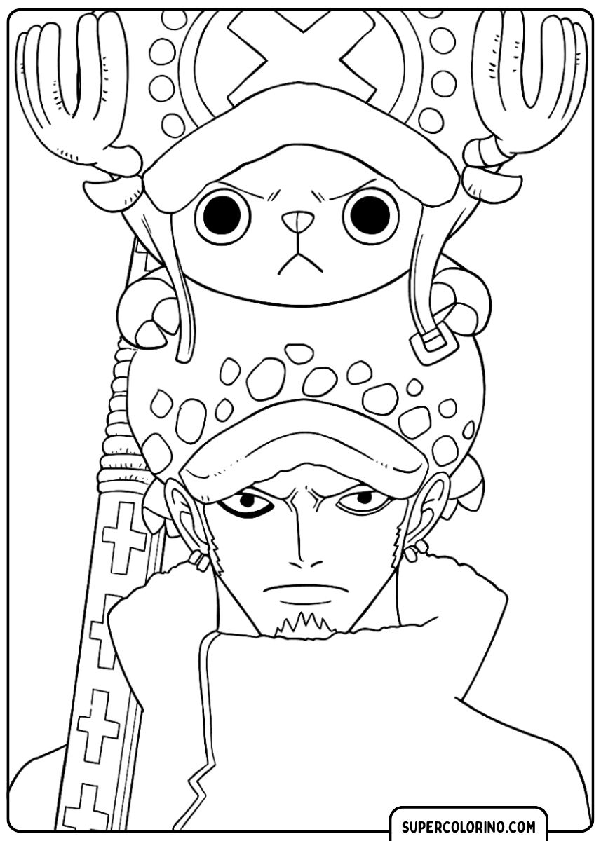 Image à colorier : Trafalgar Law, portrait de face avec son chapeau à pois, sur lequel est assis Chopper portant un chapeau similaire.