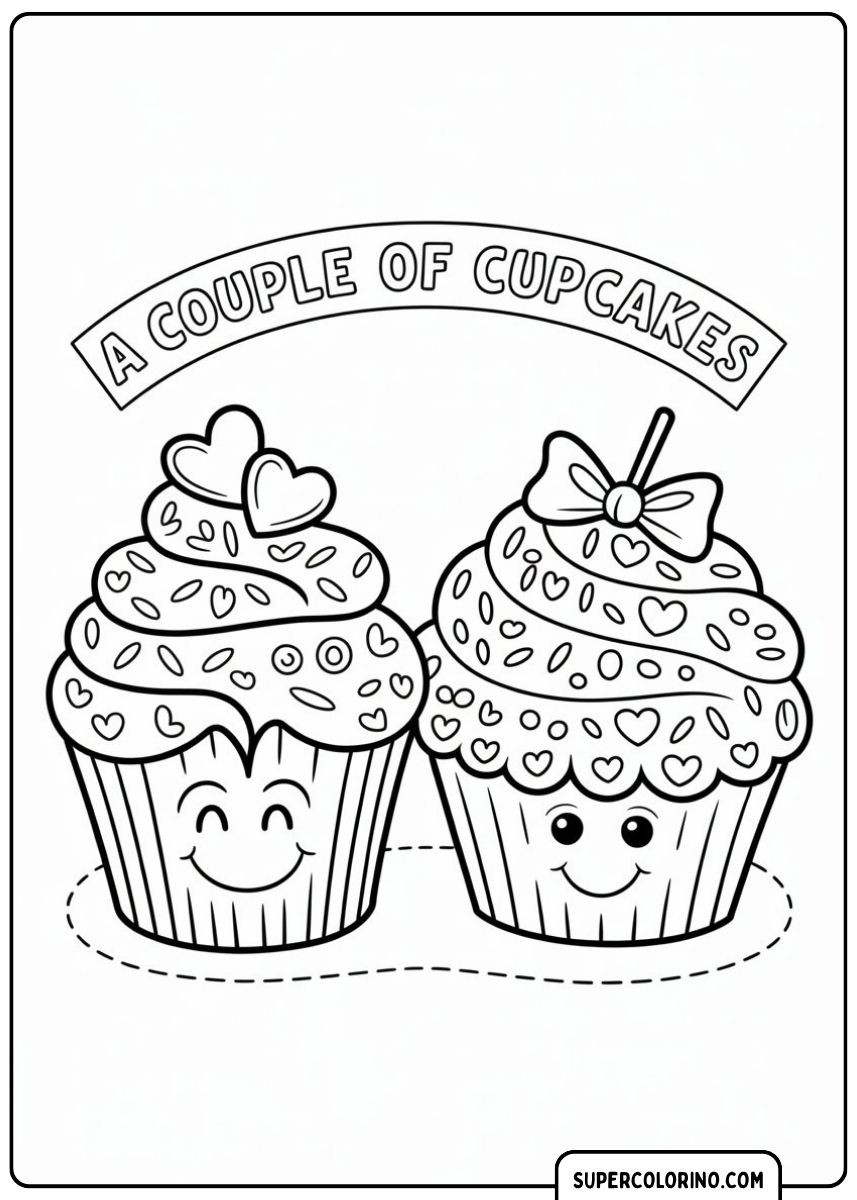 Malvorlage von zwei süßen Cupcakes mit Smiley-Gesichtern und Herzdekorationen.