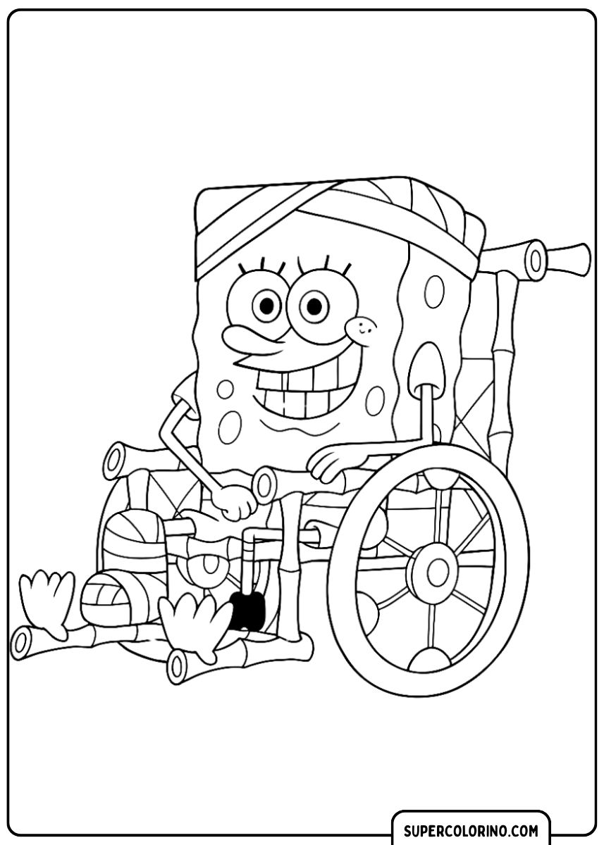 SpongeBob, mit verbundenen Augen und im Rollstuhl, lächelt trotz seiner Verletzungen.