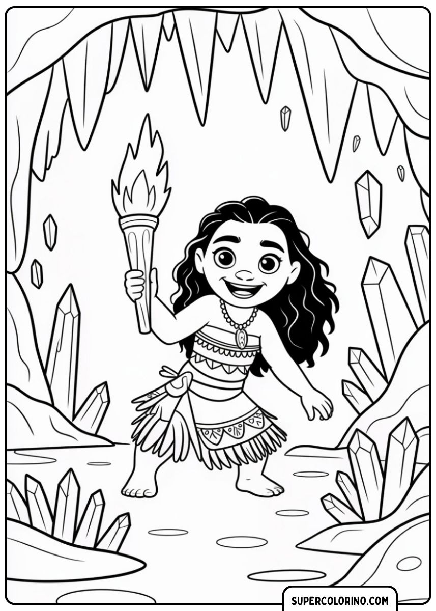 Coloriage : Moana explore une grotte de cristal avec une torche