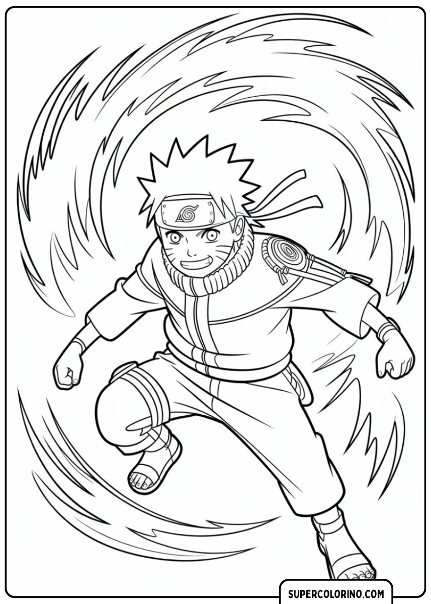 Farbbild von Naruto in Aktion mit um ihn wirbelnder Chakra-Energie.