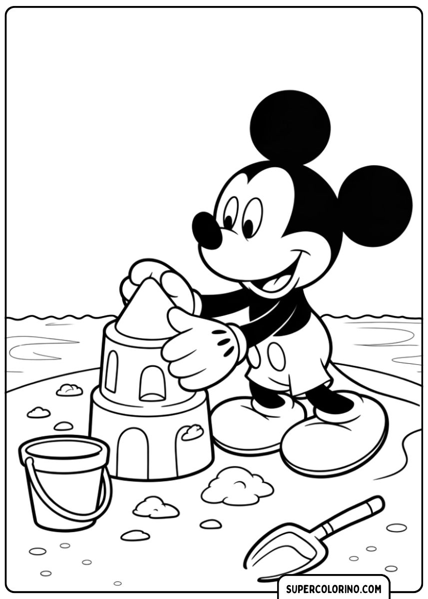 Image à colorier : Mickey Mouse construisant un château de sable sur la plage.