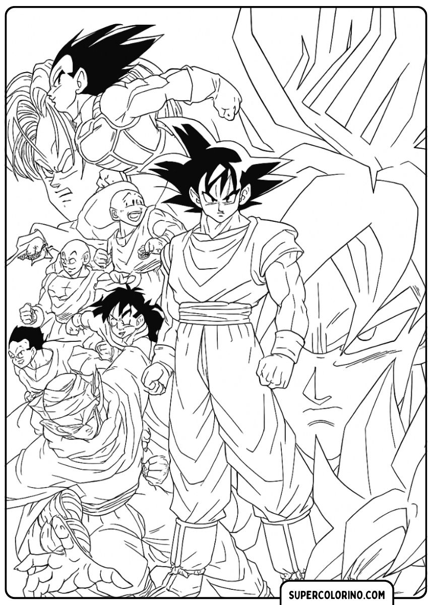 Kleurplaat van een groep Z Fighters, waaronder Goku, Vegeta, Piccolo, Krillin en Trunks.