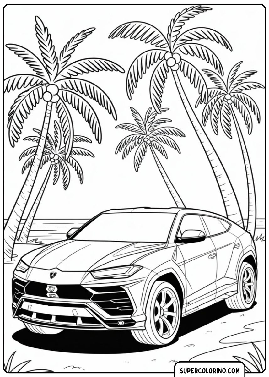 Immagine da colorare di una Lamborghini Urus sulla spiaggia sotto le palme.