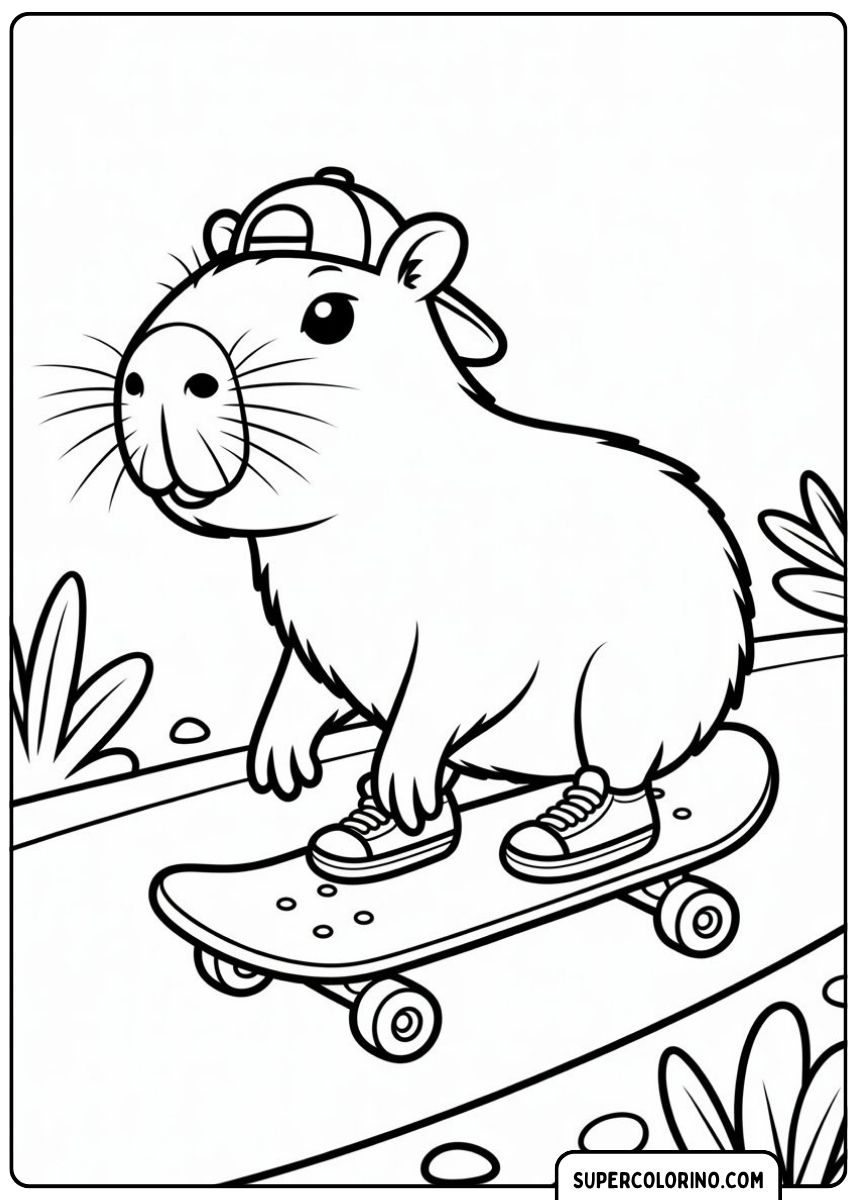 Ausmalbild: Capybara mit Mütze und Turnschuhen beim Skateboarden auf einer Straße.
