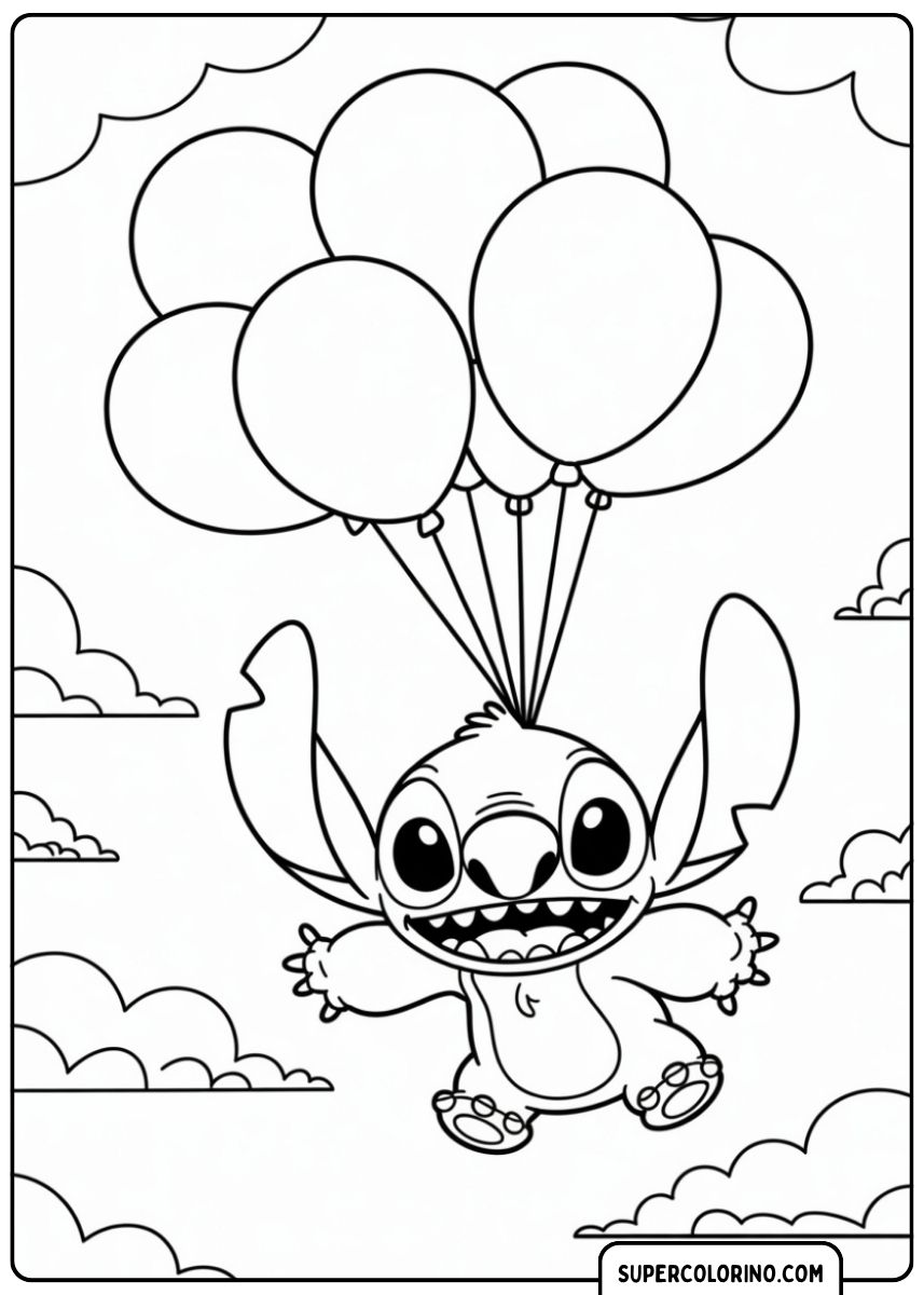 Stitch vliegt door de lucht met een bundel ballonnen.