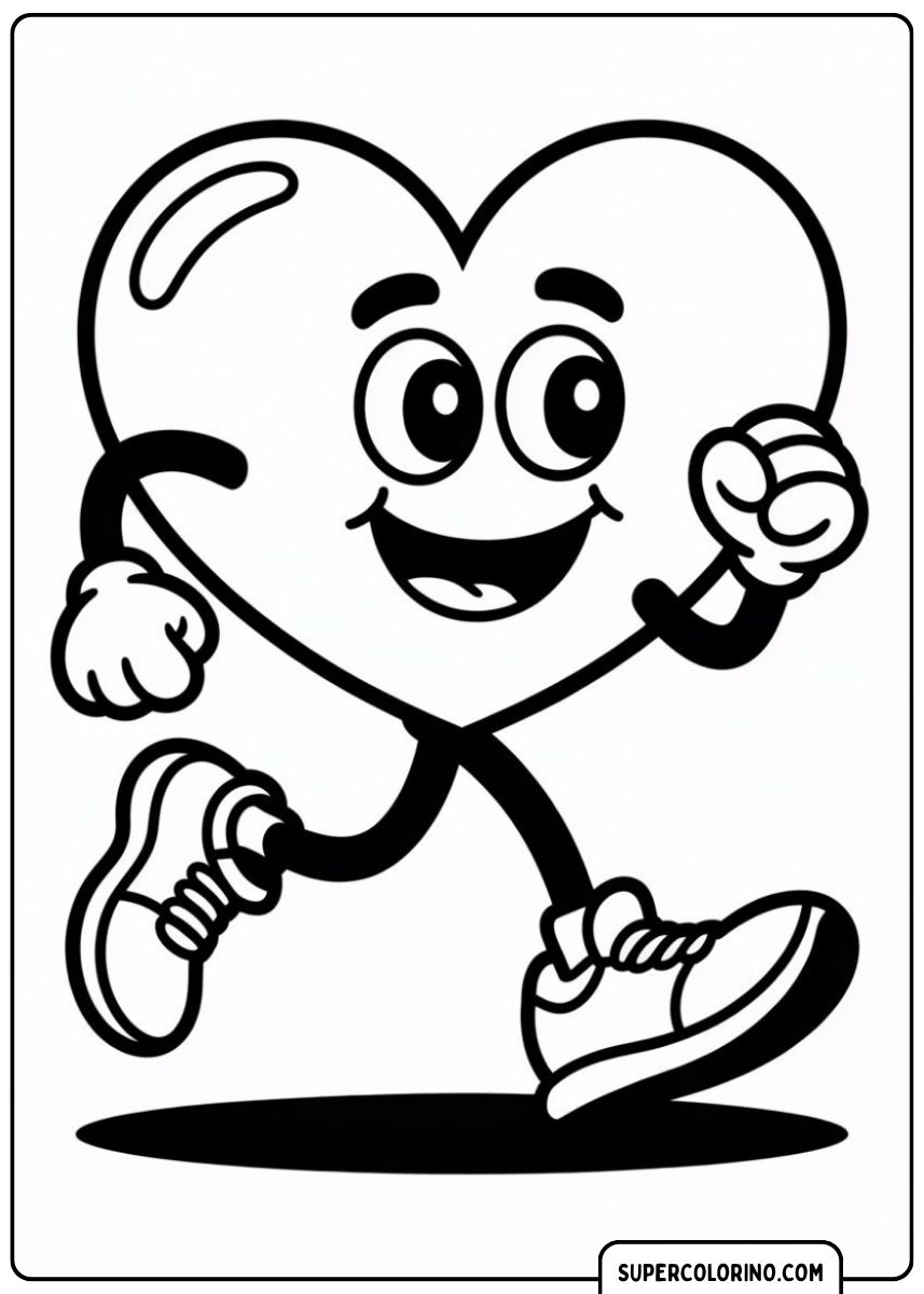 Kleurplaat: Een hartvormig personage in cartoonstijl dat snel rent of loopt op sneakers.