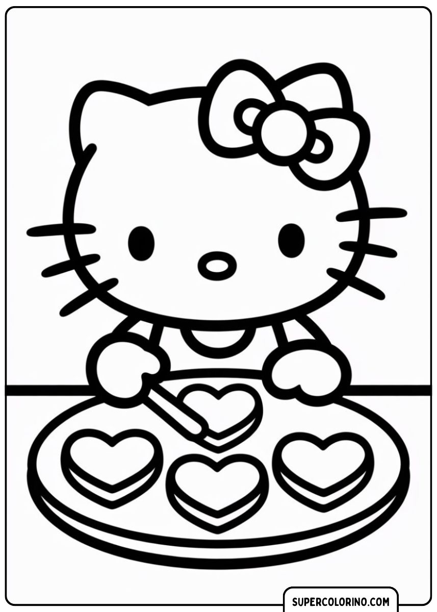 Kleurplaat van Hello Kitty die hartvormige chocolaatjes maakt in een mal.