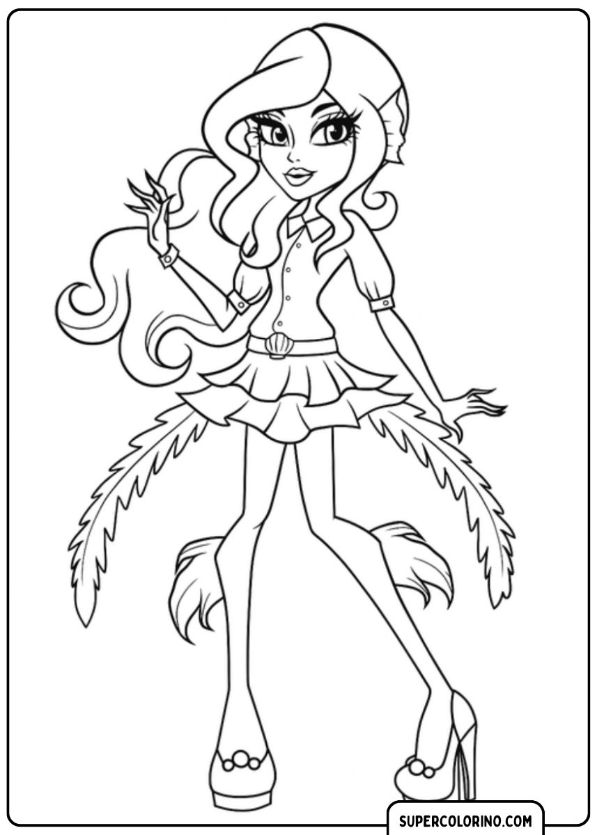 Kleurplaat van een Monster High-personage met een verenrok en vinnen