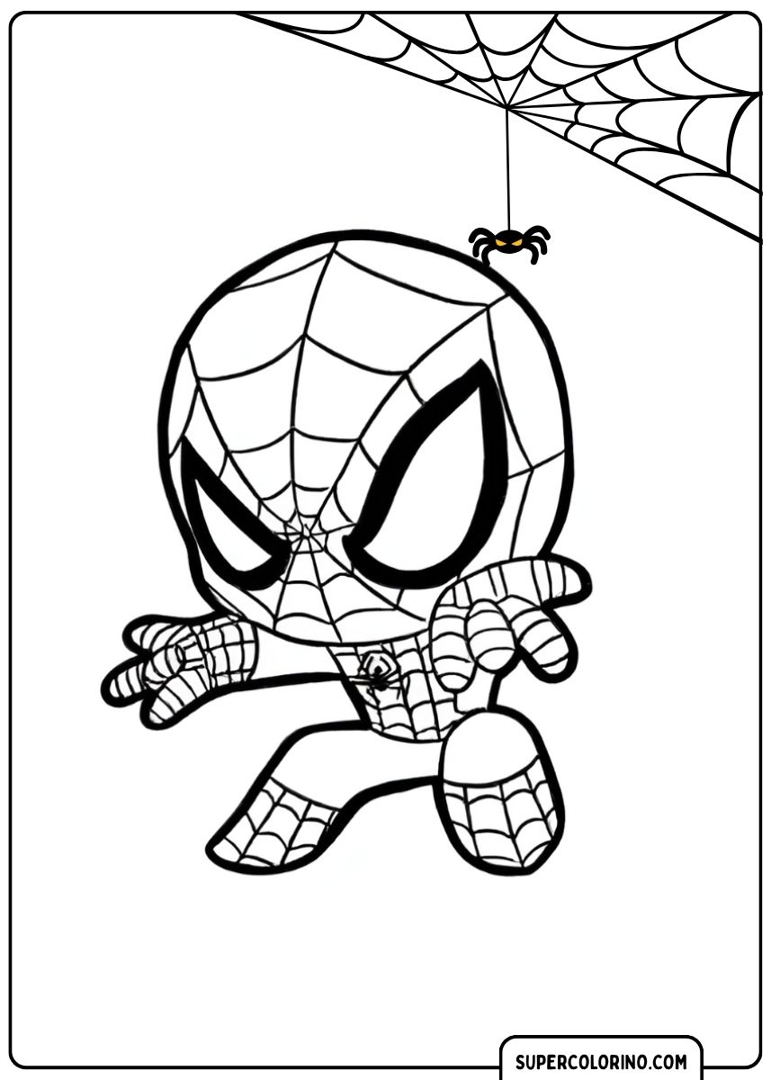Malvorlage eines Chibi-Spidey in einer Netzschleuder-Pose mit offenen Händen.