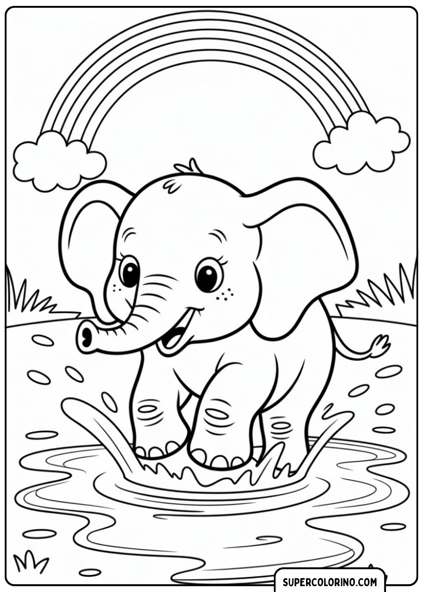 Coloriage d'un bébé éléphant éclaboussant joyeusement dans une flaque d'eau, avec un arc-en-ciel.