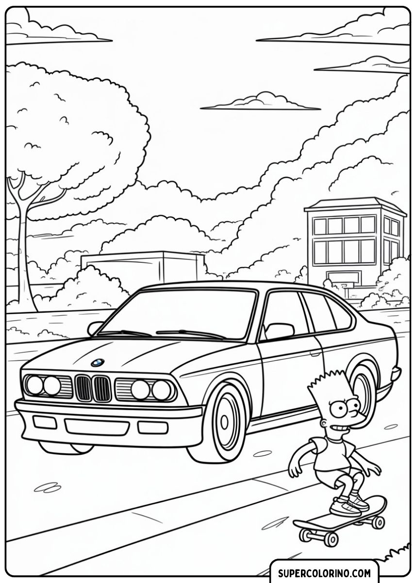 Malvorlage BMW E30 und Bart: Bart Simpson fährt Skateboard vor einer klassischen BMW-Limousine (E30).