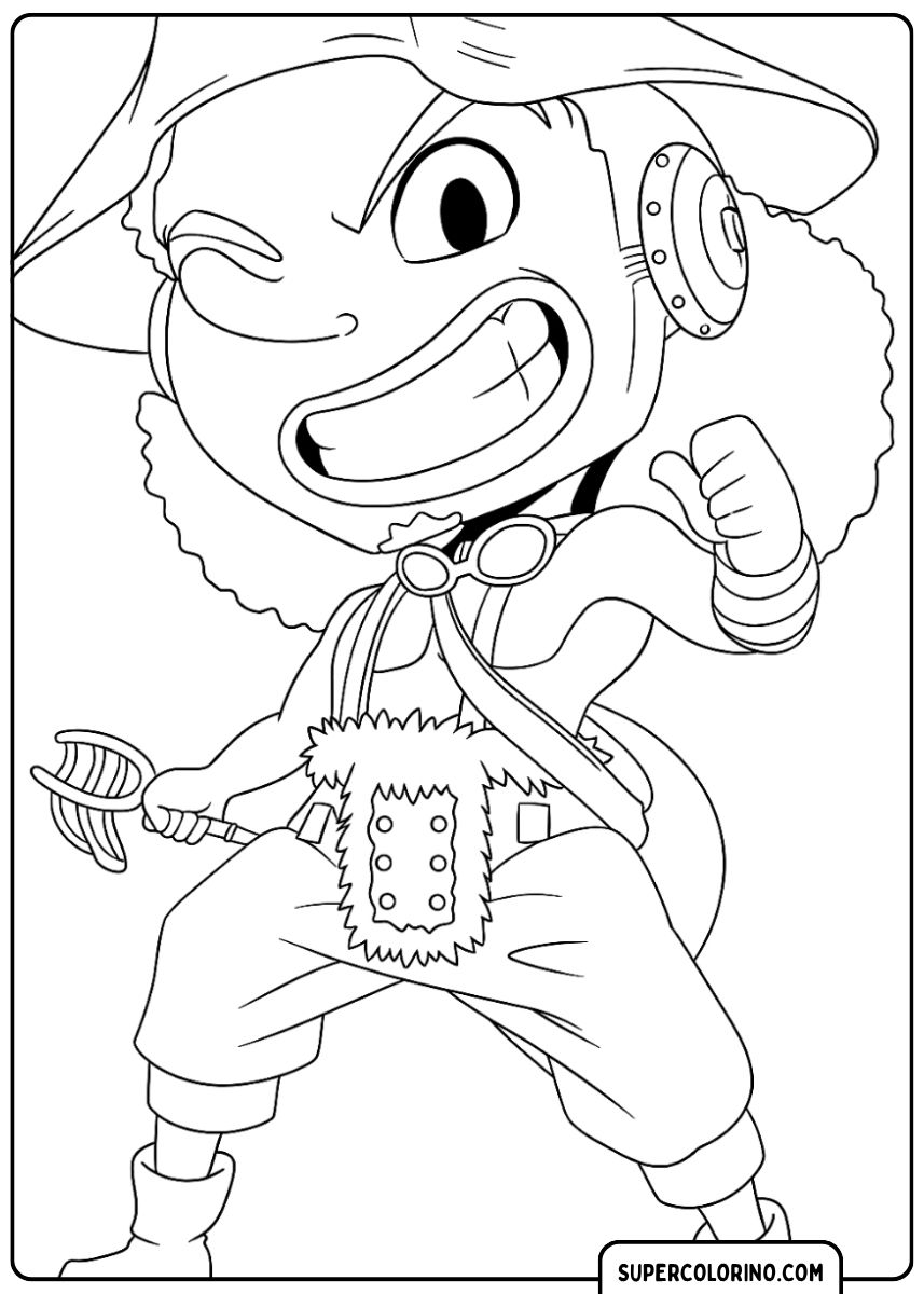 Image à colorier : Usopp dans une pose de style Chibi, souriant avec son grand chapeau.