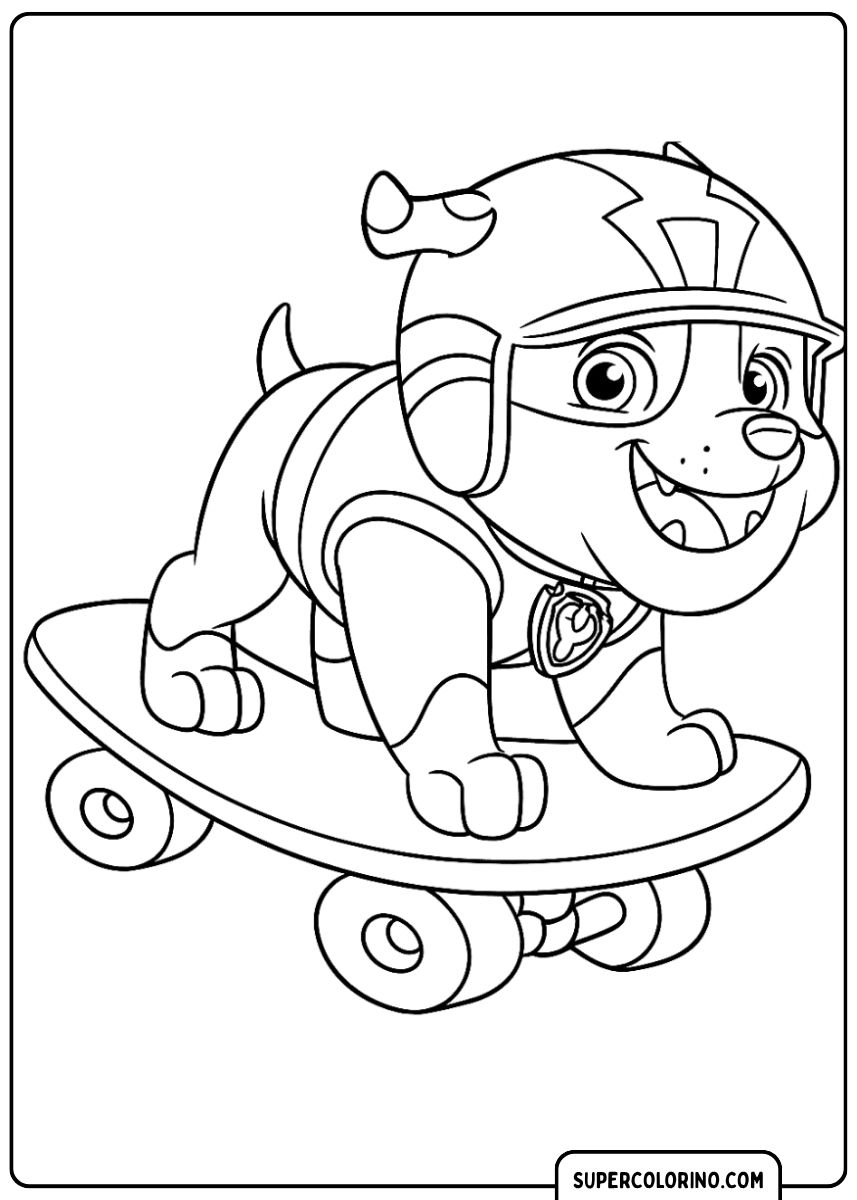 Coloriage PAW Patrol : Des décombres sur un skateboard.