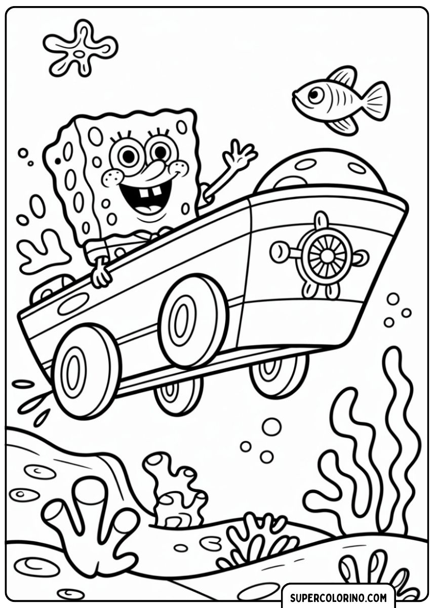 SpongeBob fährt ein Motorboot mit hoher Geschwindigkeit.