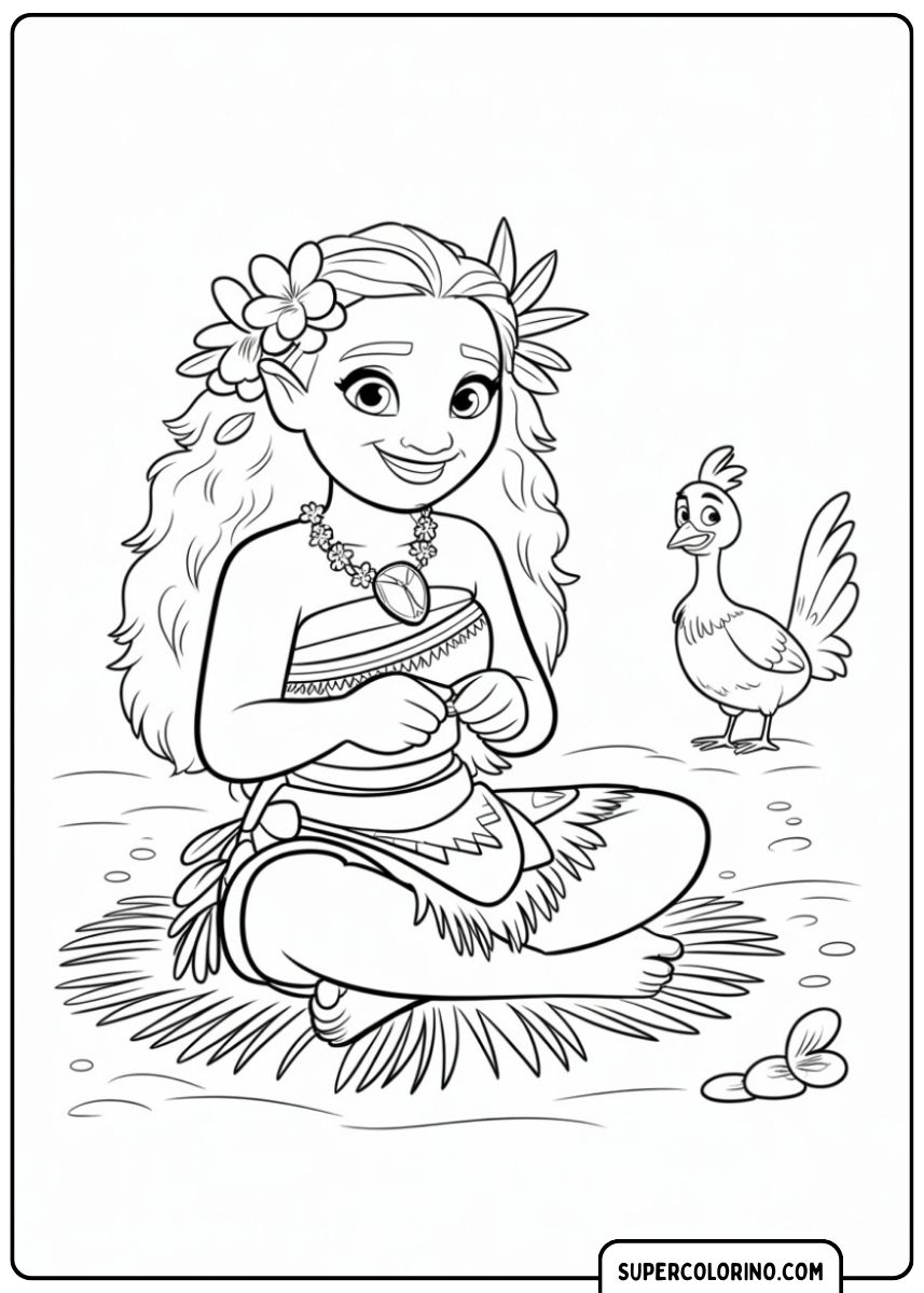 Image à colorier : Moana assise en train de tisser des fleurs, avec Heihei à ses côtés.
