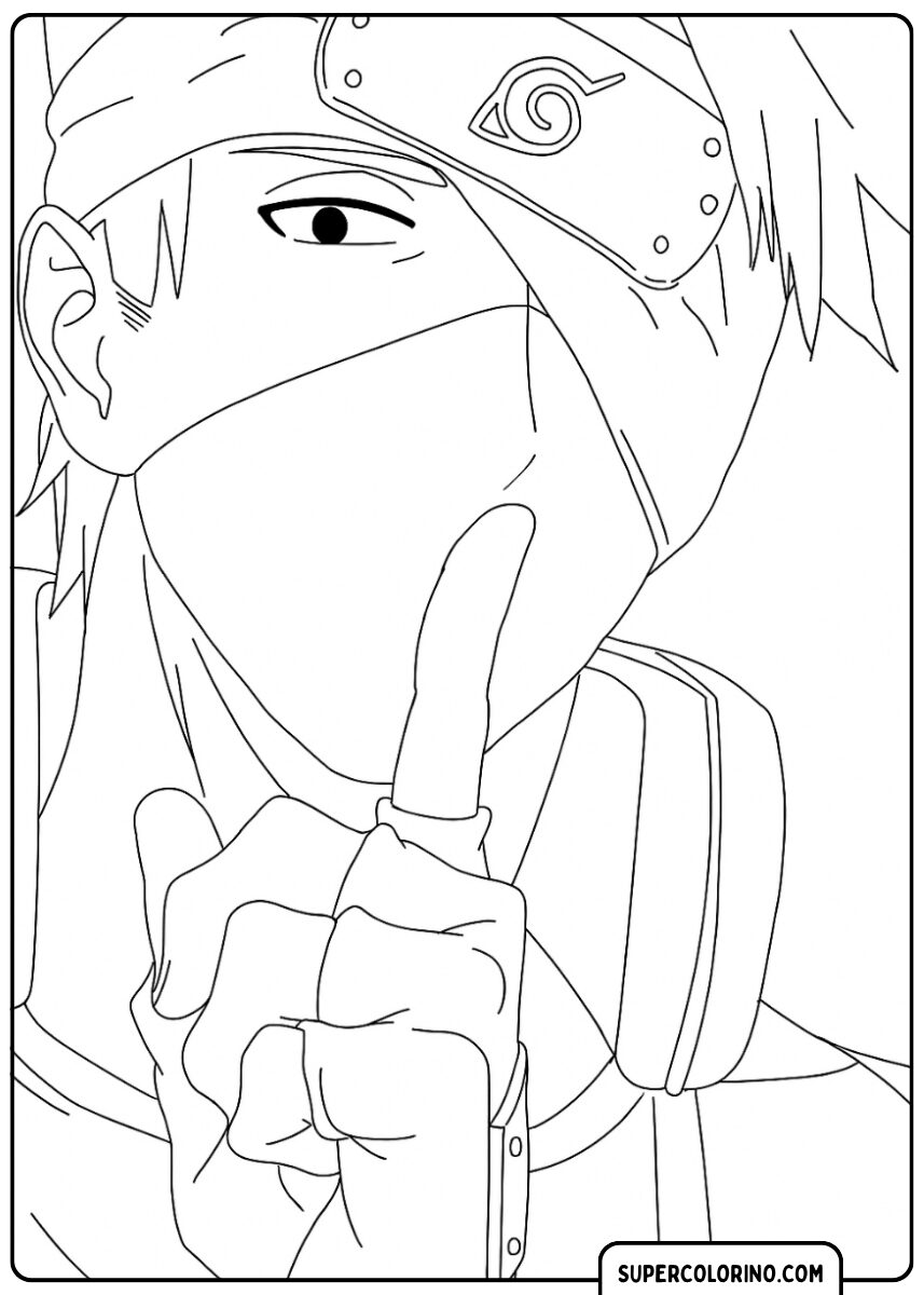 Ausmalbild von Kakashi Hatake in Nahaufnahme, mit einem Finger an seinem Mund.